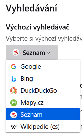 náhled postupu pro změnu výchozího vyhledávače