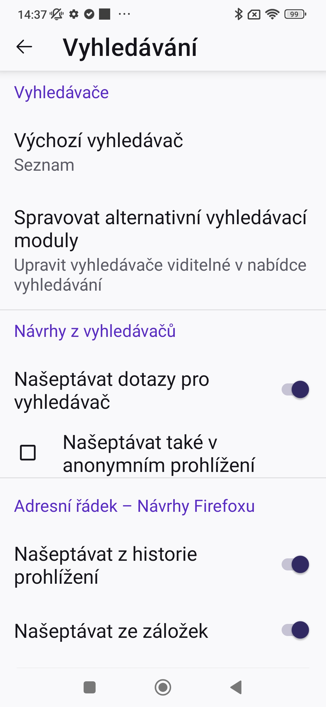 náhled postupu pro změnu výchozího vyhledávače