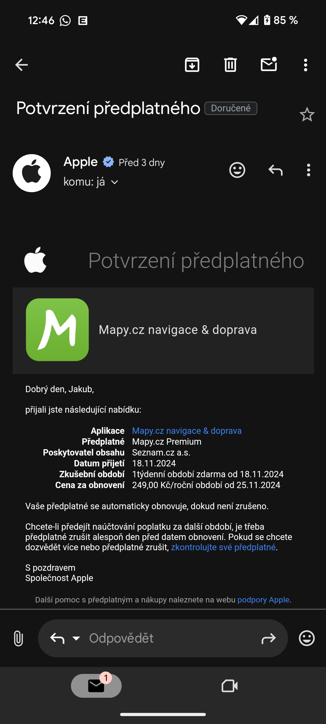 mail od Apple s potvrzením předplatného 